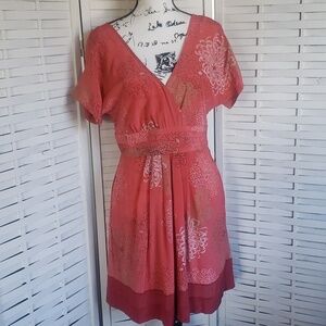 Moulinette Soeurs coral pink 100% silk draped waist short sleeves knee dress 6